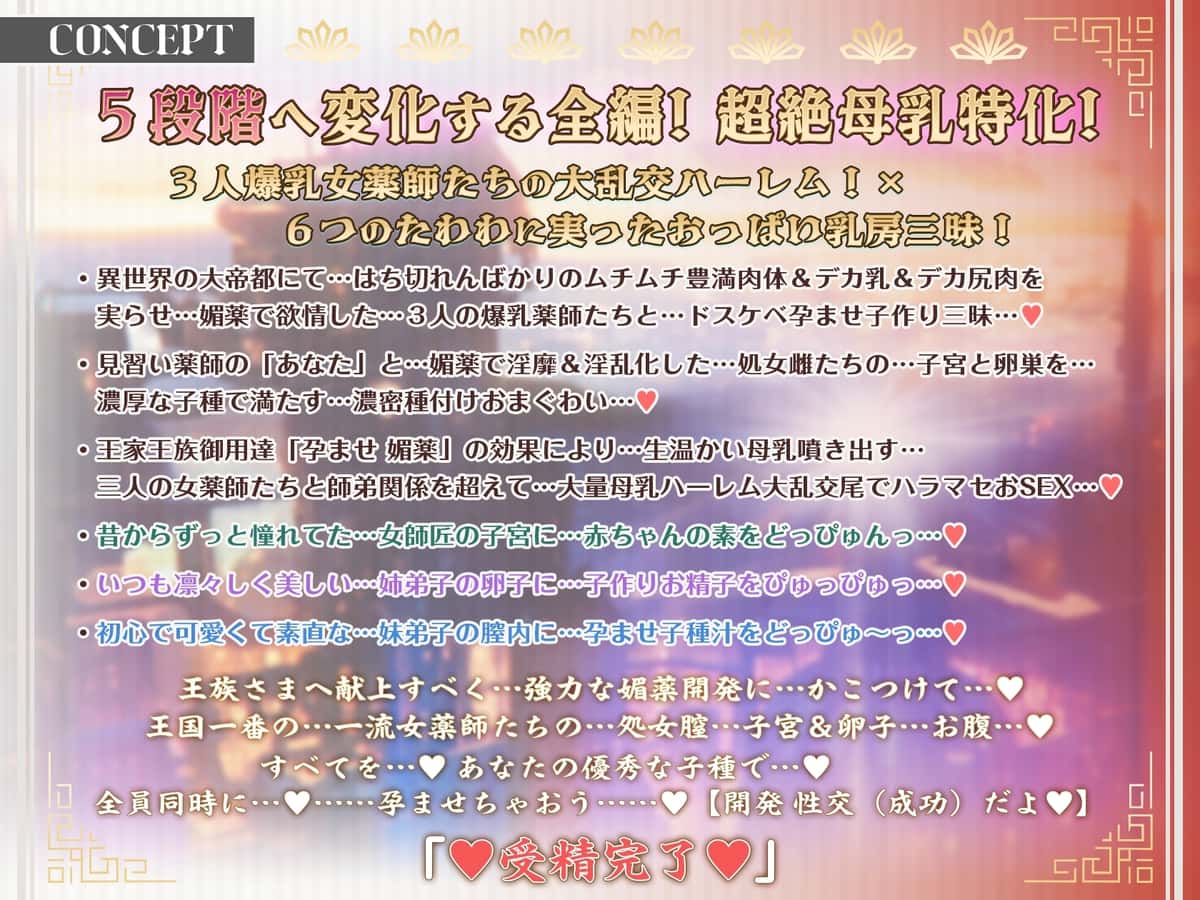 【20%OFF】【6時間×3人薬師屋×超絶母乳ハーレム】～薬師屋の孕みごと～ 見習い薬師のボクと…ドスケベ爆乳女薬師×3による…孕ませ！子作り！媚薬開発譚♪のサンプル画像5